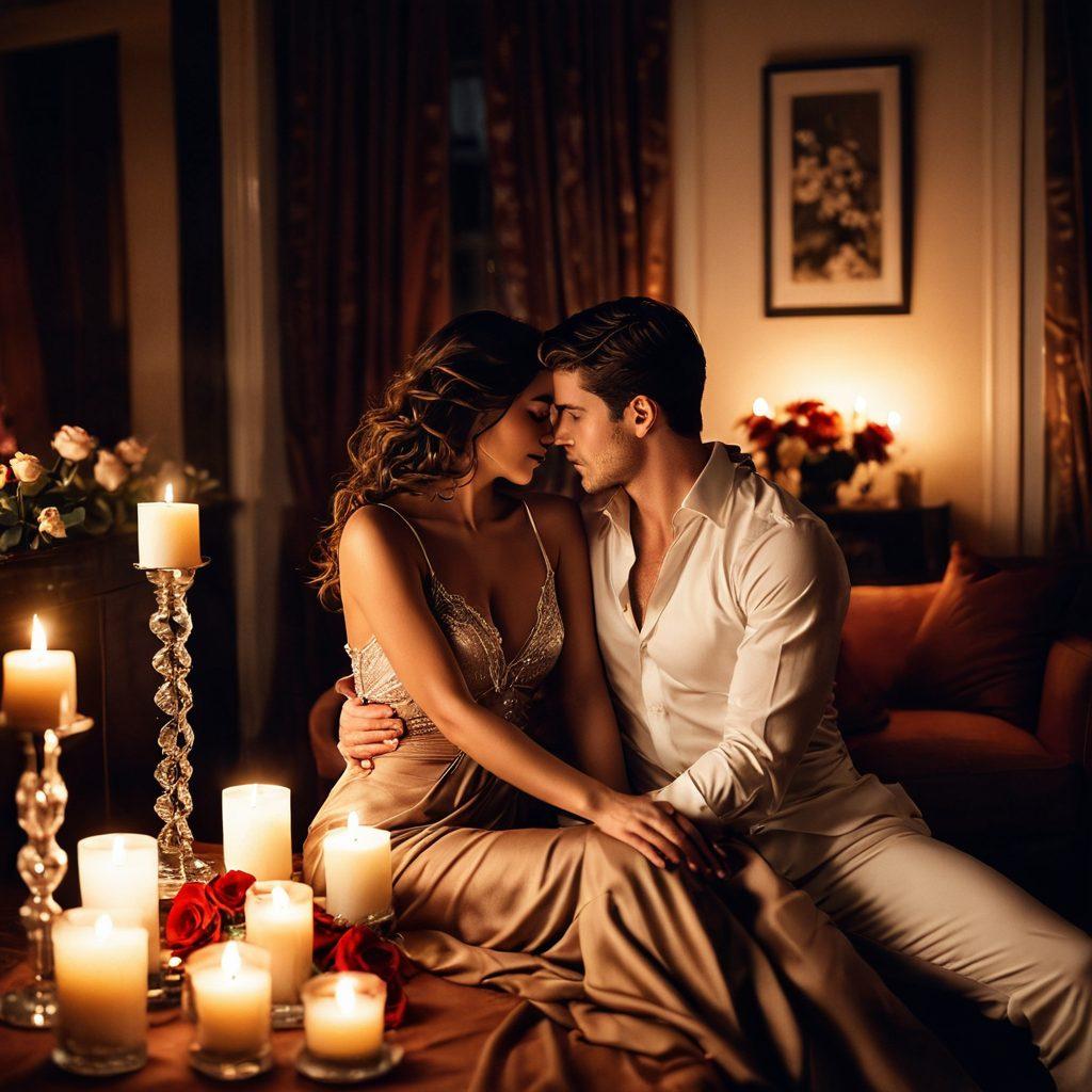 A sultry, intimate scene featuring a couple entwined in a passionate embrace, sitting in a dimly lit room adorned with soft, romantic lighting and rich fabrics. The atmosphere exudes warmth and desire, highlighting the subtle touches and meaningful gazes between them. Include elements like roses and candles to enhance the mood, capturing the essence of seduction and intimacy. super-realistic. warm tones. soft focus.