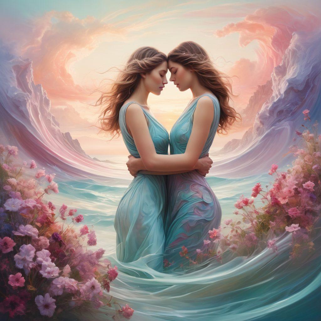 A surreal and dreamy scene depicting intertwined bodies in an abstract landscape, surrounded by soft, ethereal light. Incorporate swirling colors and textures that evoke feelings of affection and passion, with elements like flowers and waves symbolizing depth and desire. Include a subtle hint of mystery and exploration in the background to suggest unlocking deeper emotions. surrealism. pastel colors. imaginative.